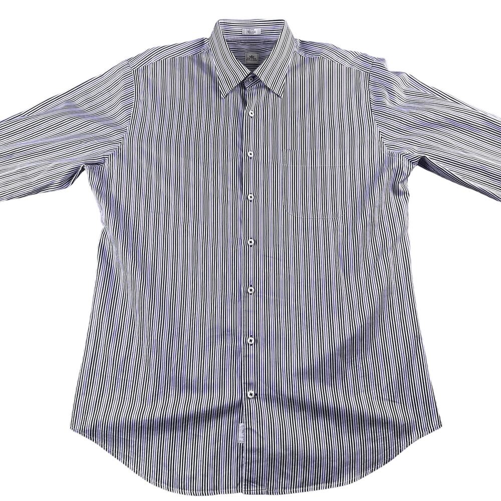 Peter Millar Shirt Men Large Purple Black Striped Cotton Button Down Long Sleeve